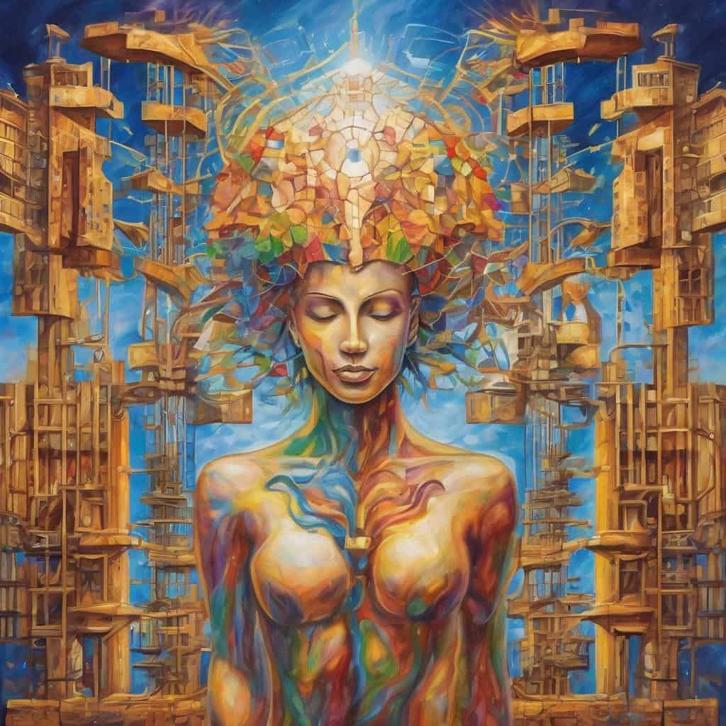 Ολοκληρωμένο έργο τέχνης με γυναίκα και πολύχρωμα στοιχεία φυσικής αφιέρωσης.