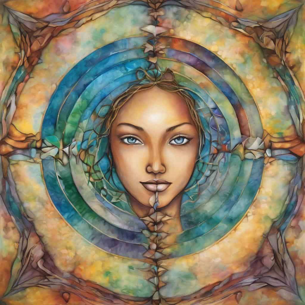 Ορεκτικό πρόσωπο γυναίκας με πολύχρωμο καλειδοσκόπιο φόντο, η τέχνη και η αφοσίωση.