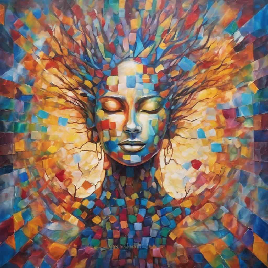 Απόγευση πορτραίτου με πολύχρωμα σχήματα και έργα τέχνης, συμβολίζει την αφοσίωση και την επιτυχία.